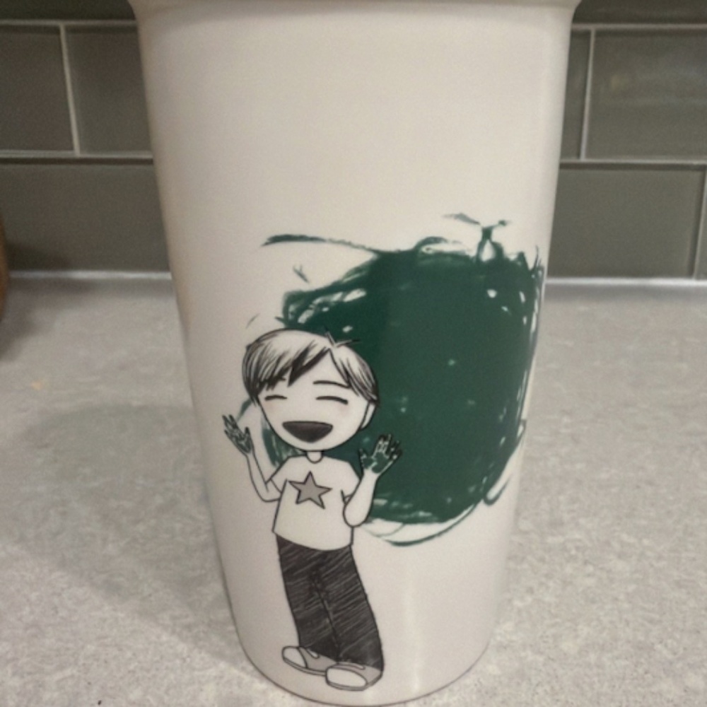 Starbucks 2015 Anime Kid Finger Painting Dot Ceramic Travel Tumbler Cup Mug 12Oz